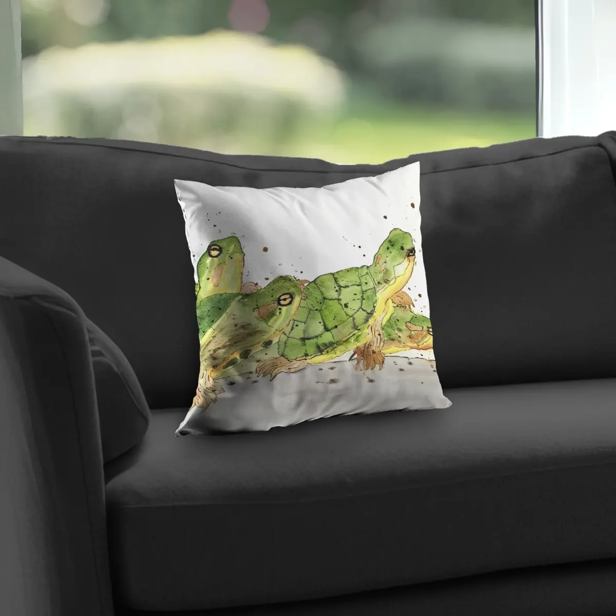14x14 in. Poly Twill Throw Pillow with 360-Degree Stand - Coastal Whimsical Accent, Turtle Motif, Vibrant Print for Aquatic Turtle Enthusiasts, Bedroom Animals Home Decorative Cushion