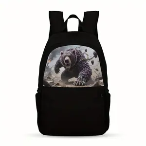 One Casual Backpack Featuring a Grape Bear, Designed for Teenagers. It Is Lightweight with a Large Capacity, Adjustable Straps, Made from Black Nylon Fabric, And Has a Easy Cartoon Design. The Upper Part Is Printed, Making It Ideal for School