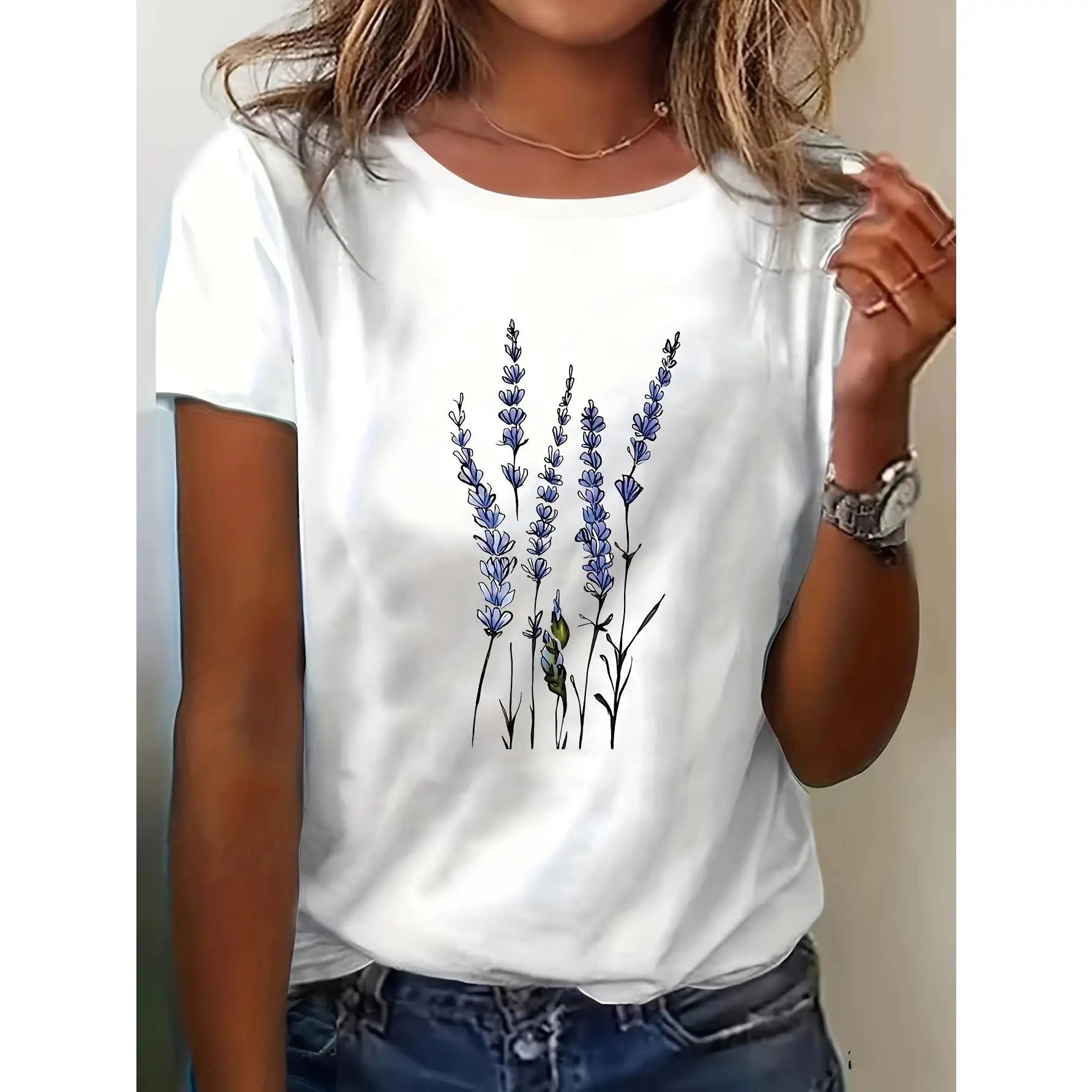 Women's Lavender Floral Print Spandex T-Shirt - Korean-Inspired Relaxed Fit Round Neck Short-Sleeve Top, Breathable Medium-Stretch Fabric, Nature-Inspired Casual Wear