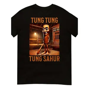Men'S Tung Tung Tung Sahur Italian Brainrot Meme T-Shirt - Funny Sahur Character Graphic Tee with Tung Tung Sahur Text & Retro Cartoon Design, with Golden Lettering, Round Neck Casual Shirt for Halloween, Christmas Gifts tummy ache survivor cat meme white