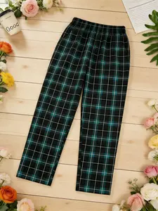 Green & Red Plaid Elastic Waist Pajama Pants (2 Colors Available), Casual Plaid Loungewear Pants with Pockets, Comfy Homewear for Relaxation & Sleep, Trendy Plaid Sleep Bottoms for Lazy Days & Cozy Nights, Nightwear, Pyjamas