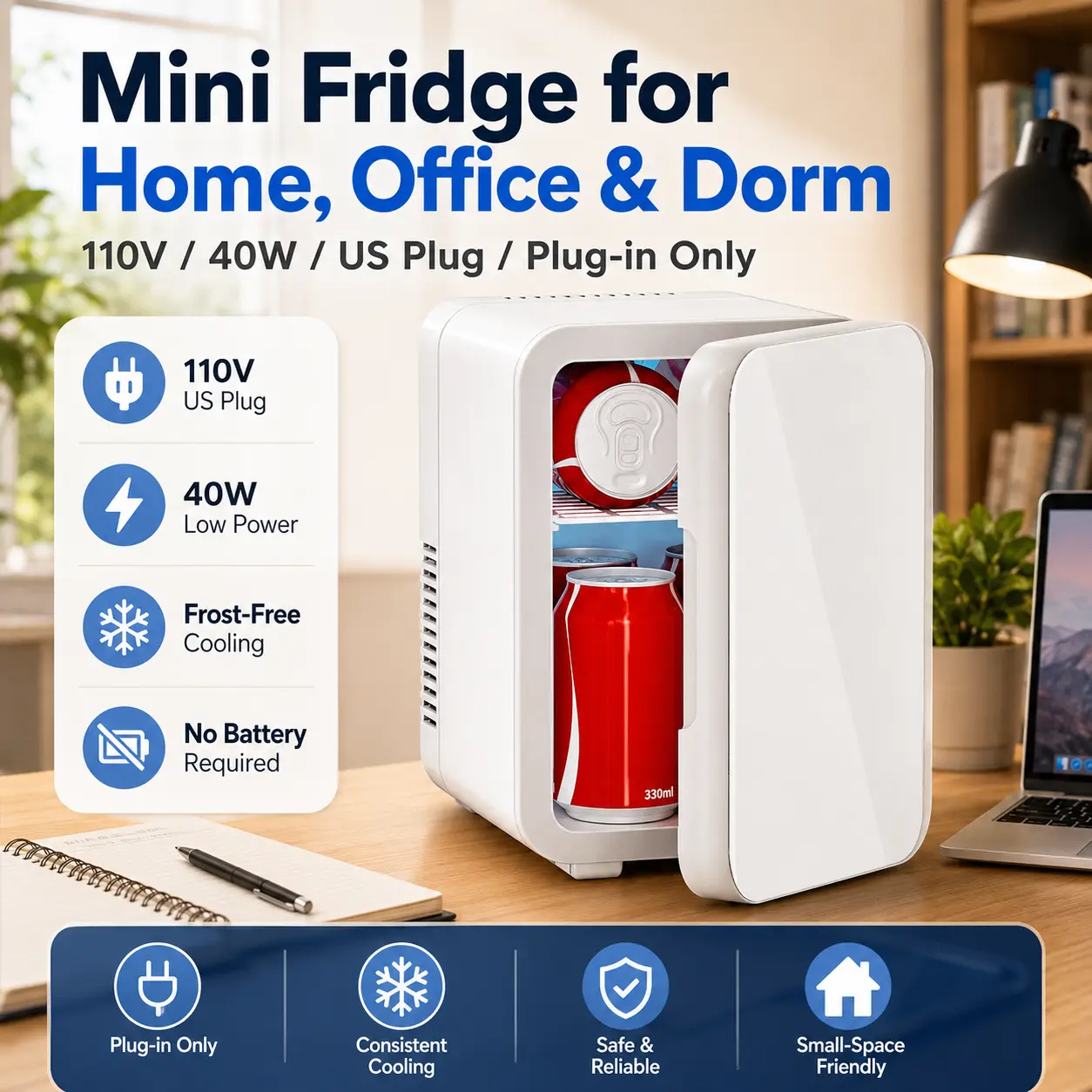 4L Portable Mini Fridge Cooler & Warmer - AC/DC 110V Home & 12V Car Dual Power Small Refrigerator, 28dB Ultra Quiet Compact Unit Holds 6 x 330ml Cans for Skincare, Cosmetics, Drinks, Fruit; Ideal for Bedroom, Travel, Camping