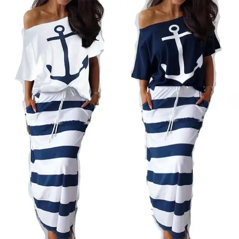 Nautical Anchor Print Off-Shoulder Top & Striped Maxi Skirt Set for Women