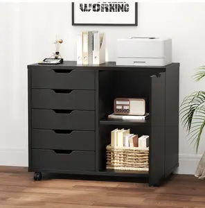 5-Drawer Rolling File Cabinet on Wheels, Wood Printer Stand with Storage Drawers for Home Office, Black