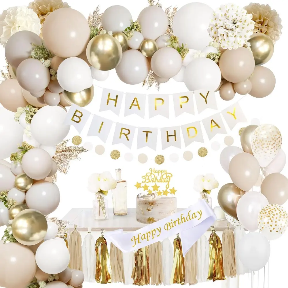 Upgraded Gold and White Birthday Party Decorations for Girls, Women, Men, Boys-Happy Birthday Sash, Banner, Tissue Pompoms, Circle Dots Garland, Paper Tassels Garland, Cake Topper for Birthday Decor