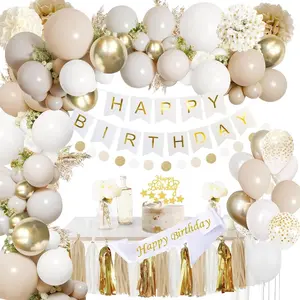 Upgraded Gold and White Birthday Party Decorations for Girls, Women, Men, Boys-Happy Birthday Sash, Banner, Tissue Pompoms, Circle Dots Garland, Paper Tassels Garland, Cake Topper for Birthday Decor