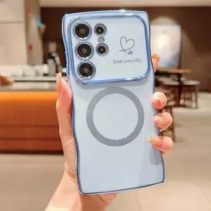 for Samsung Galaxy S26 Ultra S25 S24 S23 S22 Case for Women Girls, Compatible with MagSafe, Cute Curly Wave Shape, Magnetic Love Heart Cover Luxury Plating Shockproof Phone Case