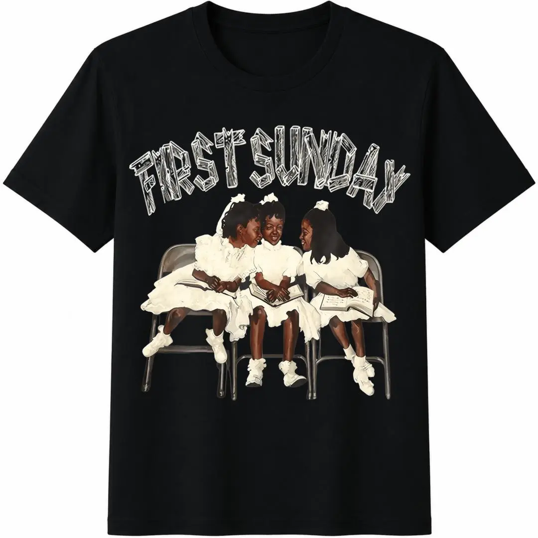 "FIRST SUNDAY" Themed Graphic T-Shirt - Men's Soft Cotton Casual Short-Sleeve Menswear, Loose Fit Black Sports Top for Human, Matching Style, Shortsleeve
