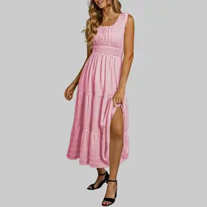 Dear-Lover Women's Minimalist Black Pleated Armless Square Neck Midi Dress, 95% Polyester/5% Elastane Soft Solid Fabric, Comfortable Casual Dresses with Shirred Details, Armless Casual Dresses