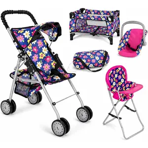 4 Piece Baby Doll Play Set Flower Design Includes Foldable Pack N Play, Baby Doll Stroller, Baby Doll High Chair, Infant Seat, Fits Up to 18'' Doll 4 Piece Doll Accessories Set