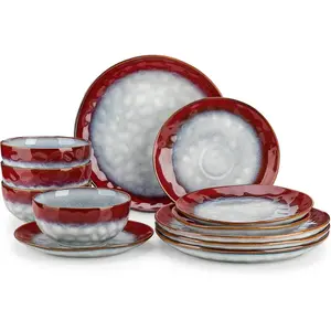 Starry 12-Pieces Dinnerware Set for 4, Stoneware Plates and Bowls Set Tableware, Dishwasher and Microwave Safe, Red