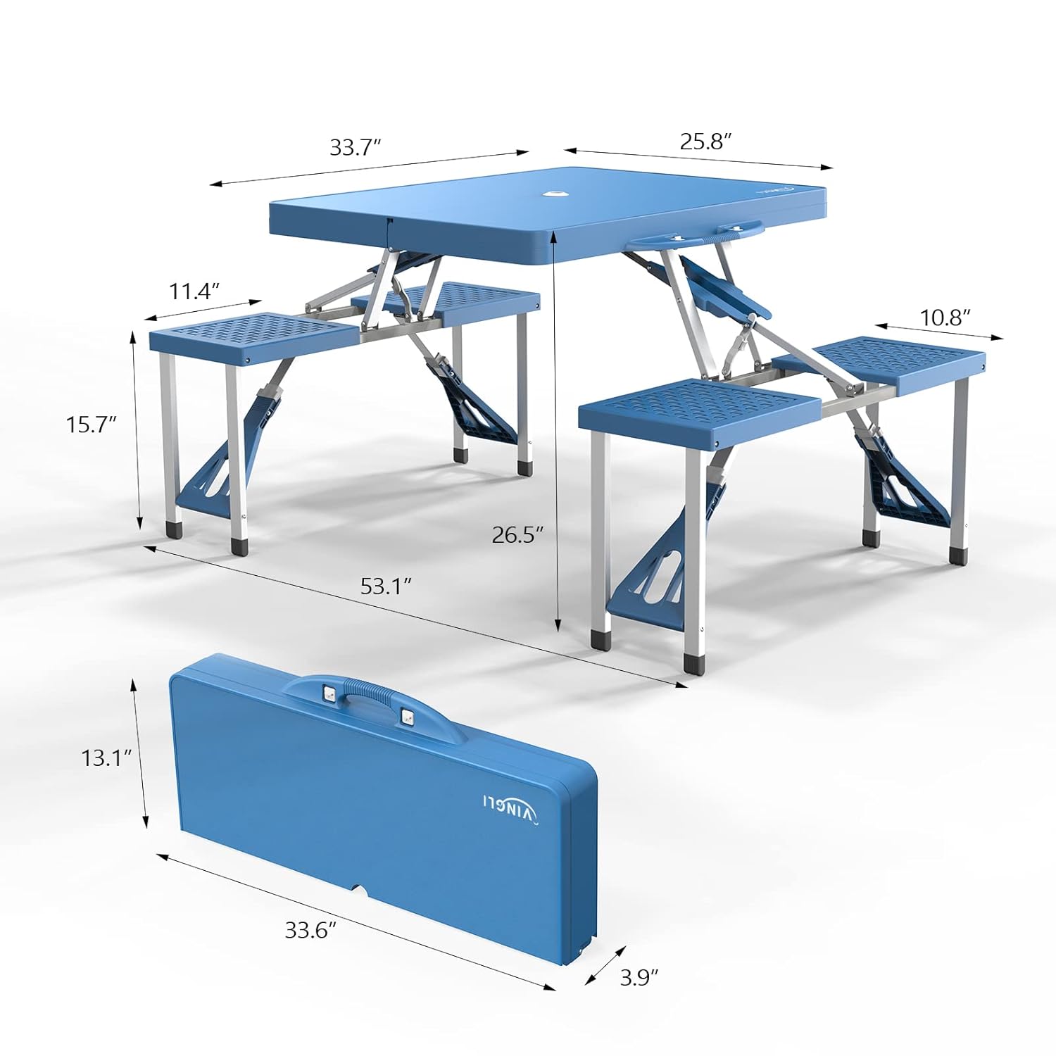 4 Ft Camping Picnic Table Set with 4 Seats with Umbrella Hole Folding Lightweight Suitcase Card Table-220 Lbs Support Aluminum F