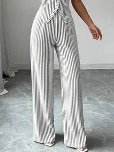 1 piece High-Waisted Loose Straight-Leg Striped Pants, Elegant Chic Office Commute Style Womenswear
