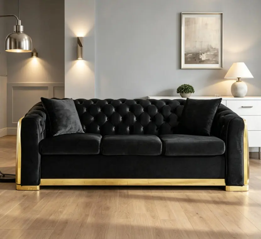 84" Midcentury Modern Chesterfield 3-Seater Velvet Sofa - Luxury Button-Tufted Couch with Gold Stainless Steel Accents, 2 Decorative Pillows, Living Room Decor, Couches for Living Rooms, Beige Aesthetic, Minimal Chic