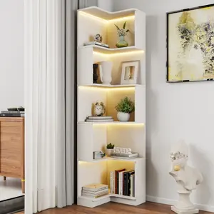Corner Bookshelf with LED Lights, 69” Tall Corner Shelf with 5 Tier Shelves, L Shaped Bookshelf for Living Room Bedroom Office, Wooden Frame, Easy Assembly (White)