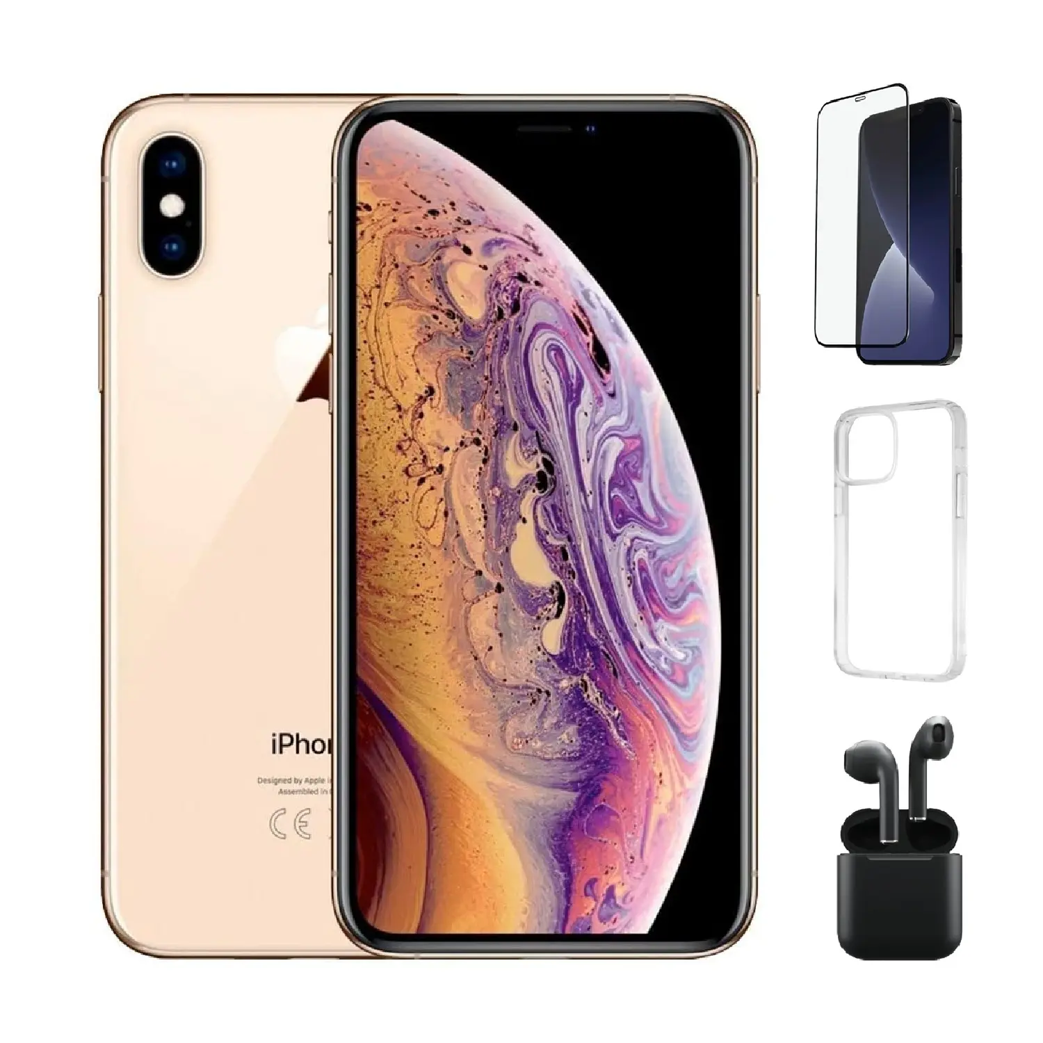 Refurbished iPhone XS Max (Fully Unlocked)-Good Condition with Case, Wireless Earbuds,Tempered Glass Screen Protector & 1 Year Warranty