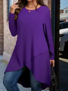 Elegant Women's Plus Size Long Sleeve T-Shirt, Spring Autumn Pure Color Soft Elastic Round Neck, Asymmetrical Hem Top, Casual Classy Top, Multiple Colors Available