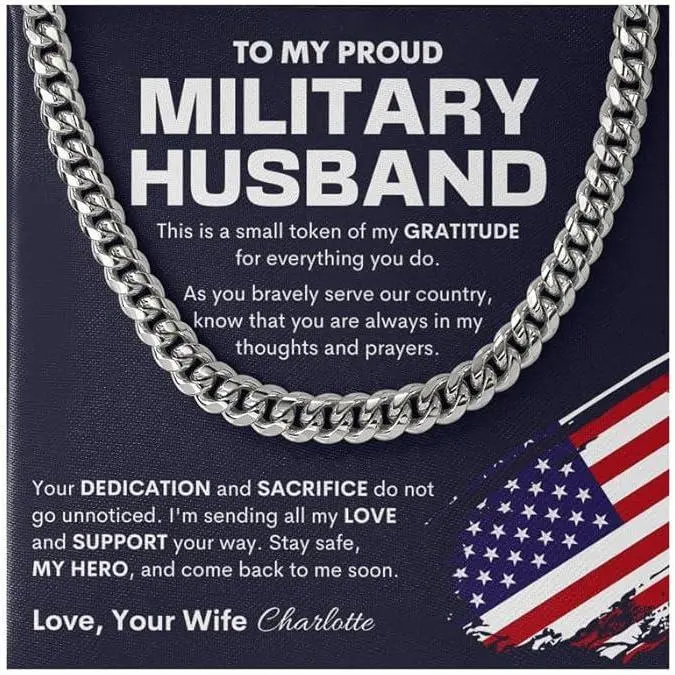 Military Man Necklace Cuban Chain - US Army Veteran Honor Soldier Navy Air Force Marine