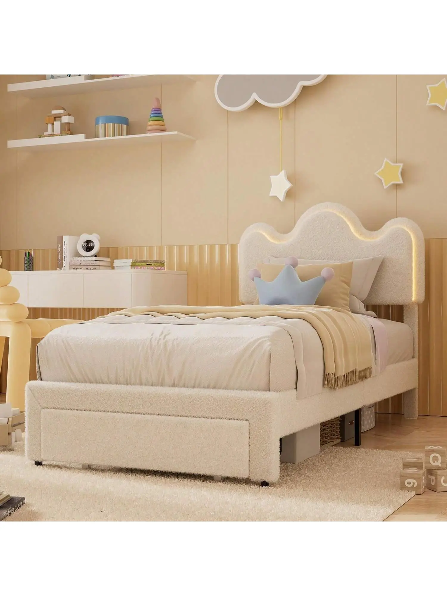 【Christmas Gift】Bed Frame With Flower Headboard Upholstered Princess Bed Frame For Kids/Girls LED Platform Bed Frame With Drawers Strong, Solid Wood Slats Support,No Box Spring Needed, Easy Assembly