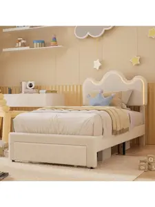 【Christmas Gift】Bed Frame With Flower Headboard Upholstered Princess Bed Frame For Kids/Girls LED Platform Bed Frame With Drawers Strong, Solid Wood Slats Support,No Box Spring Needed, Easy Assembly