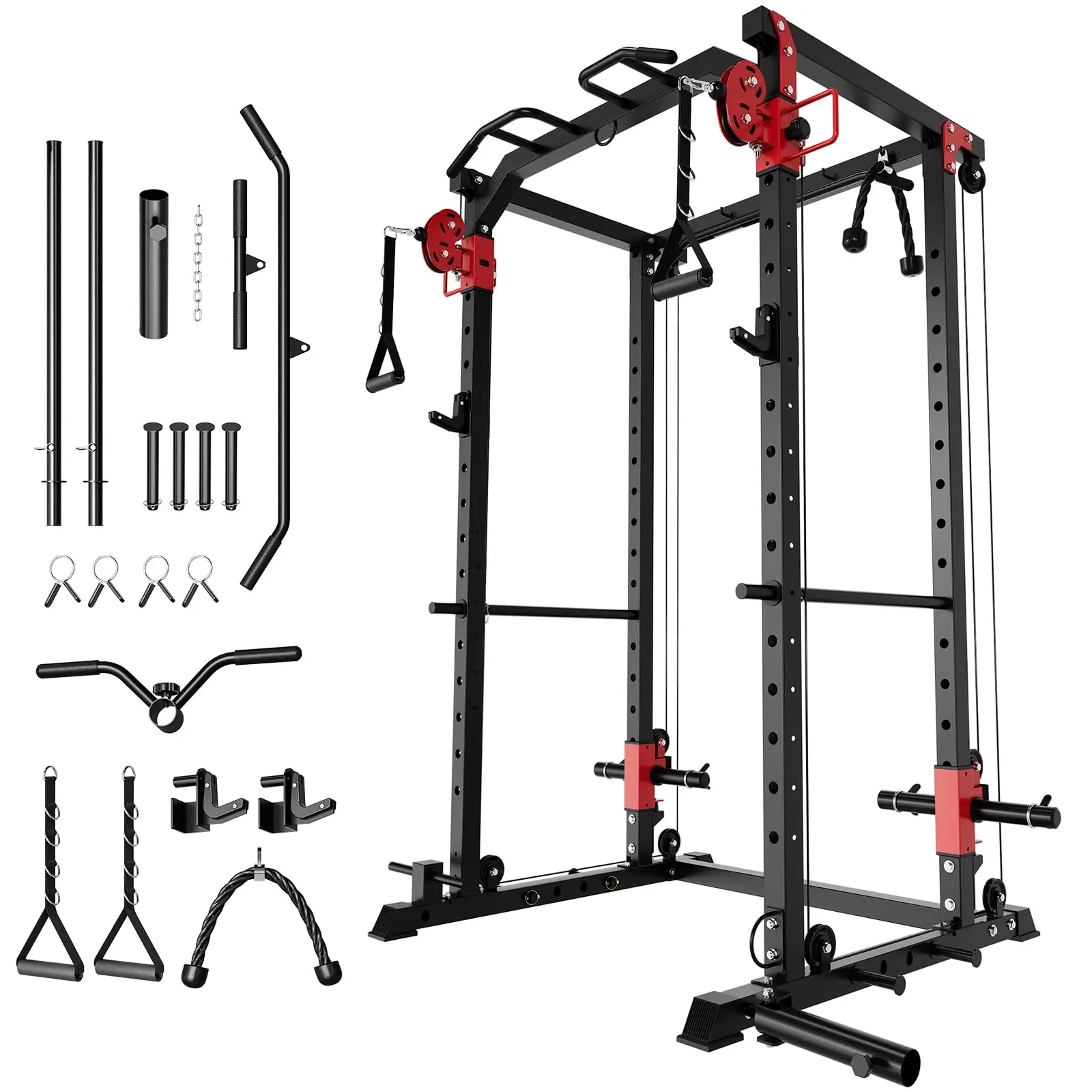 Power Cage, Power Rack with Cable Crossover System, 2000LBS Squat Rack with LAT Pull Down System, Workout Cage with Pulley System for Fitness Home Gym Strength Training(Red and Black)