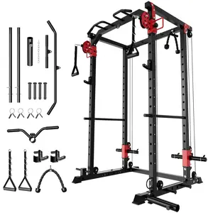 Power Cage, Power Rack with Cable Crossover System, 2000LBS Squat Rack with LAT Pull Down System, Workout Cage with Pulley System for Fitness Home Gym Strength Training(Red and Black)