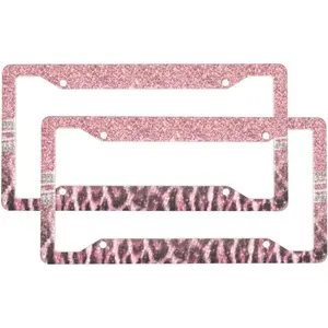 2 Sets Pink Leopard Animal Print Glitter Premium License Plate Holder - Car Truck SUV Front and Rear Bracket for Enhanced Night Vision 4 Holes ﻿