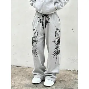Printed Loose Sport Pants with Gothic Pattern, Drawstring Pants for Daily Wear and Home Leisure, Casual Fitted Geometric Style