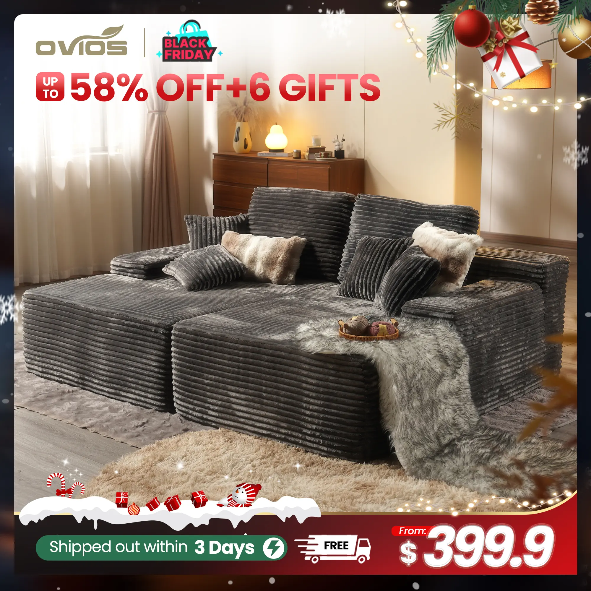 【2 Packages Shipping】Ovios 81" Oversized Sectional Double Lounge Chaise with Cloud Plush Sofa Bed, Fluffy Modern Boneless Couch Sleeper Loveseat Chair for Indoor Living Room Bedroom Reading Movie - No Assembly Required