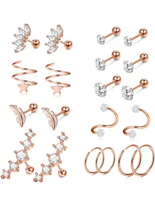 10 Pairs 16G Stainless Steel Cartilage Helix Tragus Earrings for Women Men CZ Barbell Heart Flower Feather Hoop Stud Ear Piercings