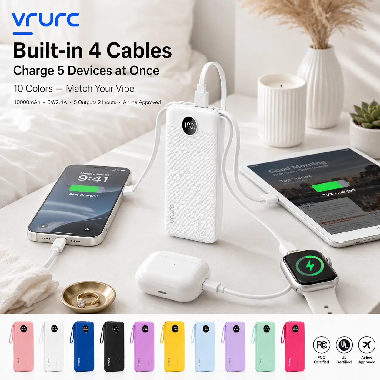 VRURC T116 10000mAh Portable Battery Power Bank, Emergency Battery Pack with 4 Built-in Cables, LED Display, Lanyard for Mobile Devices, iPhone, Samsung, Android, Tablet, iPad, Earbuds (USB-C, Micro USB Compatible), Smartphone