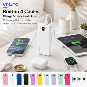 VRURC T116-10000mAh Portable Power Bank with 4 Built-in Cables Fast Charging LED Display Travel Battery Pack for iPhone Samsung Android Tablet iPad Earbuds USB Type-C & Micro USB Chargeable with Lanyard Smartphone Multiple Colors  Charger