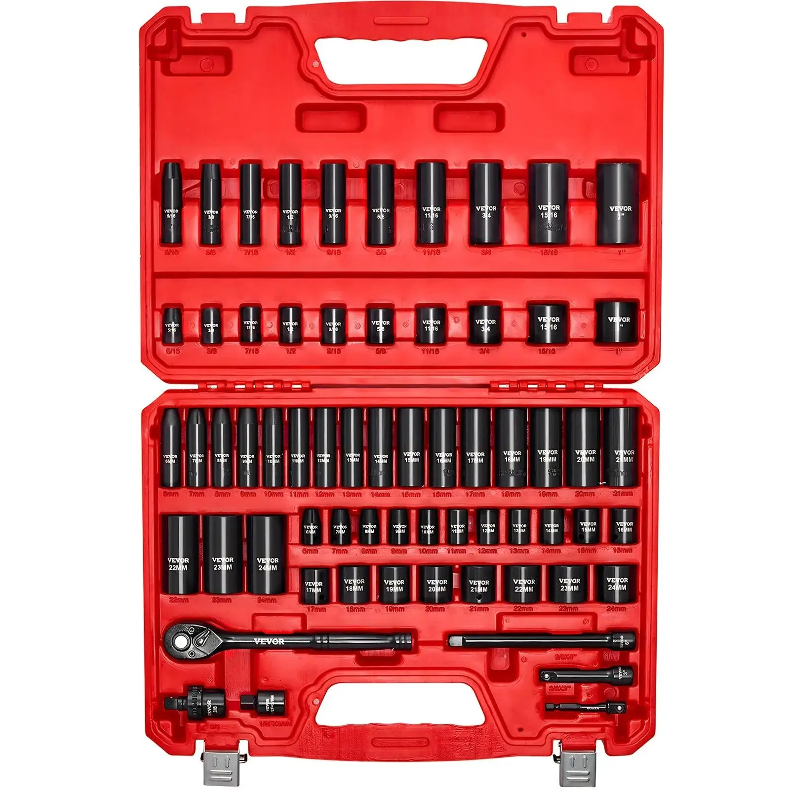 【Summerfinds】VEVOR 64-Piece 3/8 in Impact Drive Socket Set, Cr-V Steel Tool Kit Set with Portable Carrying Case, 6pt Bolt Deep/Shallow Grip Inches/mm Sizes, 3 in & 6 in Extensions, Wrench Extension, Laser Marks for High Torque Jobs