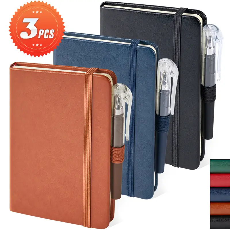 3 Pack Pocket Notebook Journals, A6 Mini Note Pads With Pen, Hardcover Mini Notebooks For Women Men, 408 Pages, 3.7" X 5.7" Small Leather Note Book Fo