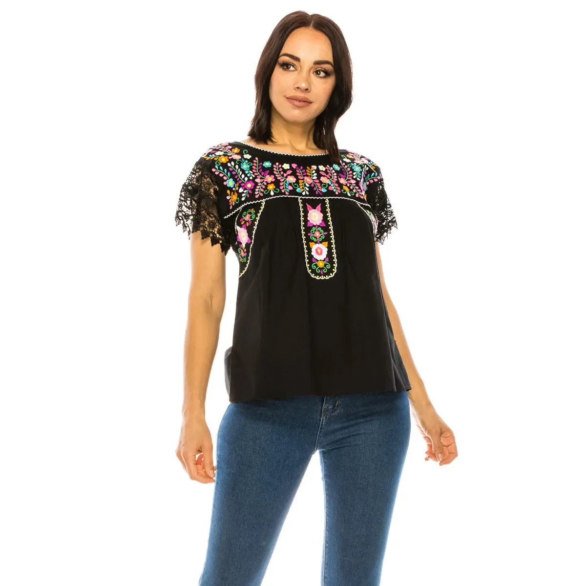 Traditional Mexican Women Blouse With Laced Sleeves Black MT802