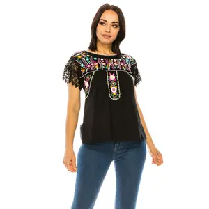 Traditional Mexican Women Blouse With Laced Sleeves Black MT802