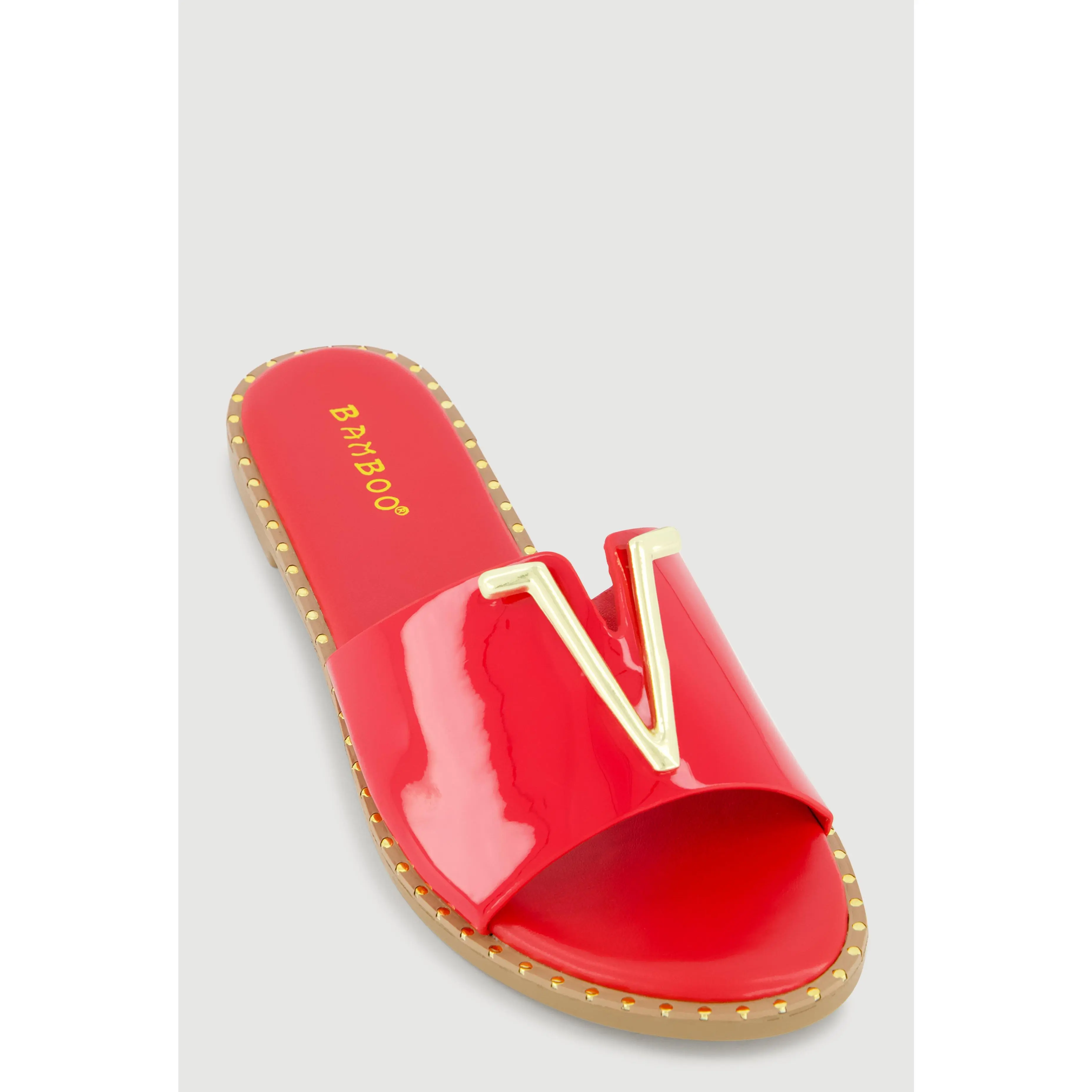 Metallic V Pendant Notched Band Slide Sandals