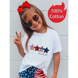 Independence Day New Summer Girls' Stars and Stripes Freedom Print Short Sleeve 100% Cotton Comfortable Casual T-Shirt