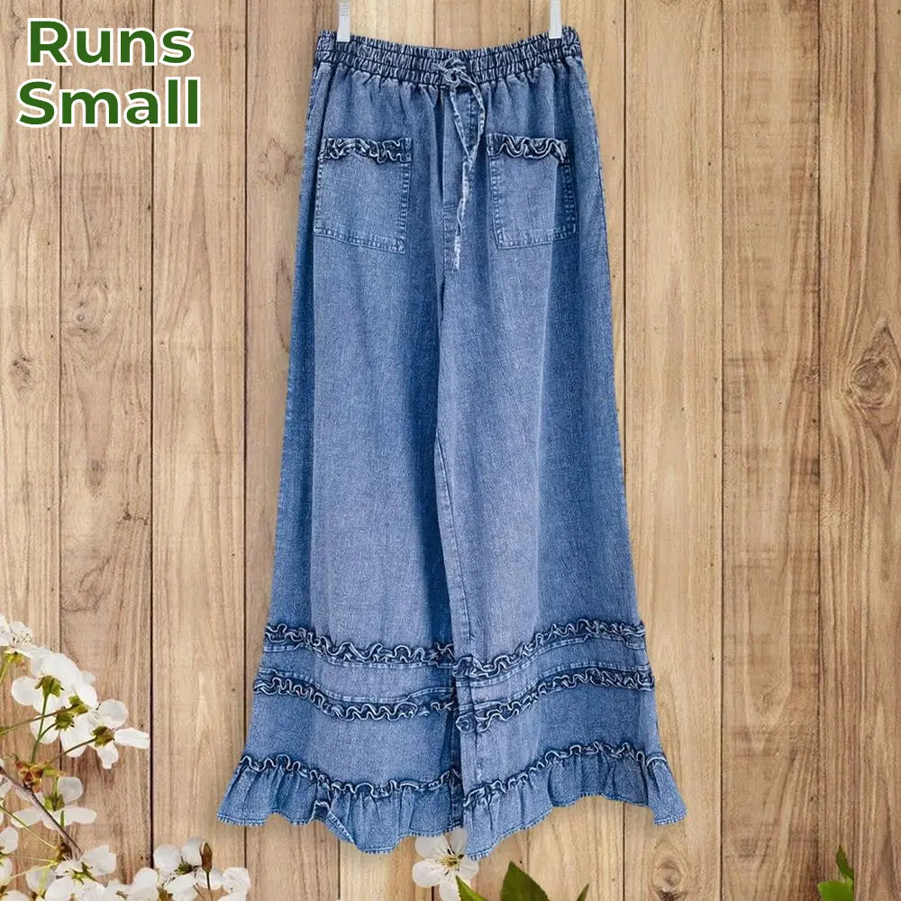 Sage Vell Solid Color Washed Drawstring Cute Ruffled Jeans