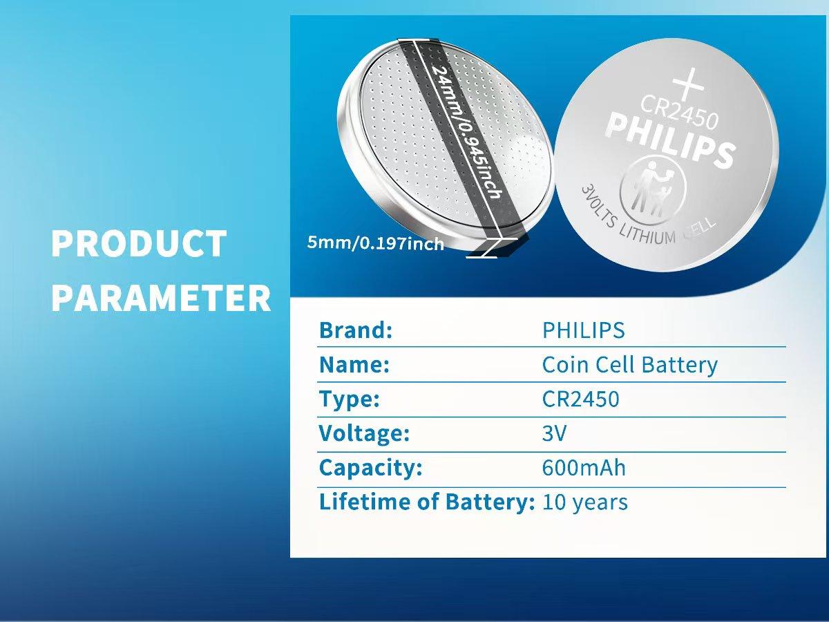 PHILIPS CR2450 3V Lithium Batteries, 20pcs Long-Lasting 600mAH Button Cell Batteries, Widely Used In Car Keys, Remote Controls, Calculators, Thermometers, Etc., Durable And Reliable