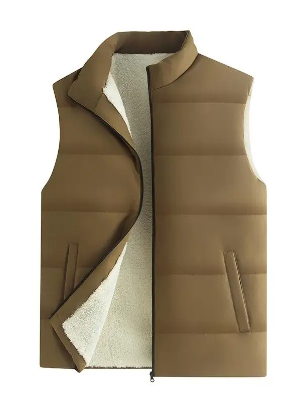 Men's Sherpa-Lined Stand Collar Sleeveless Zip-Up Thick Padded Waistcoat - Light Quilted Smooth Casual Tops Sweaters, Warm Autumn Winter Streetwear Gilet Outerwear, Fleece