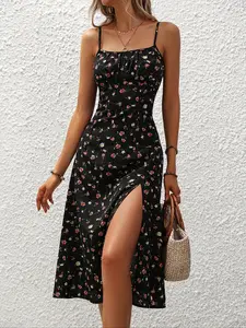 Women's All Over Print Split Thigh Cami Dress, Boho Adjustable Spaghetti Strap Bodycon Midi Dress for Beach Holiday Vacation, Ladies Summer Clothes