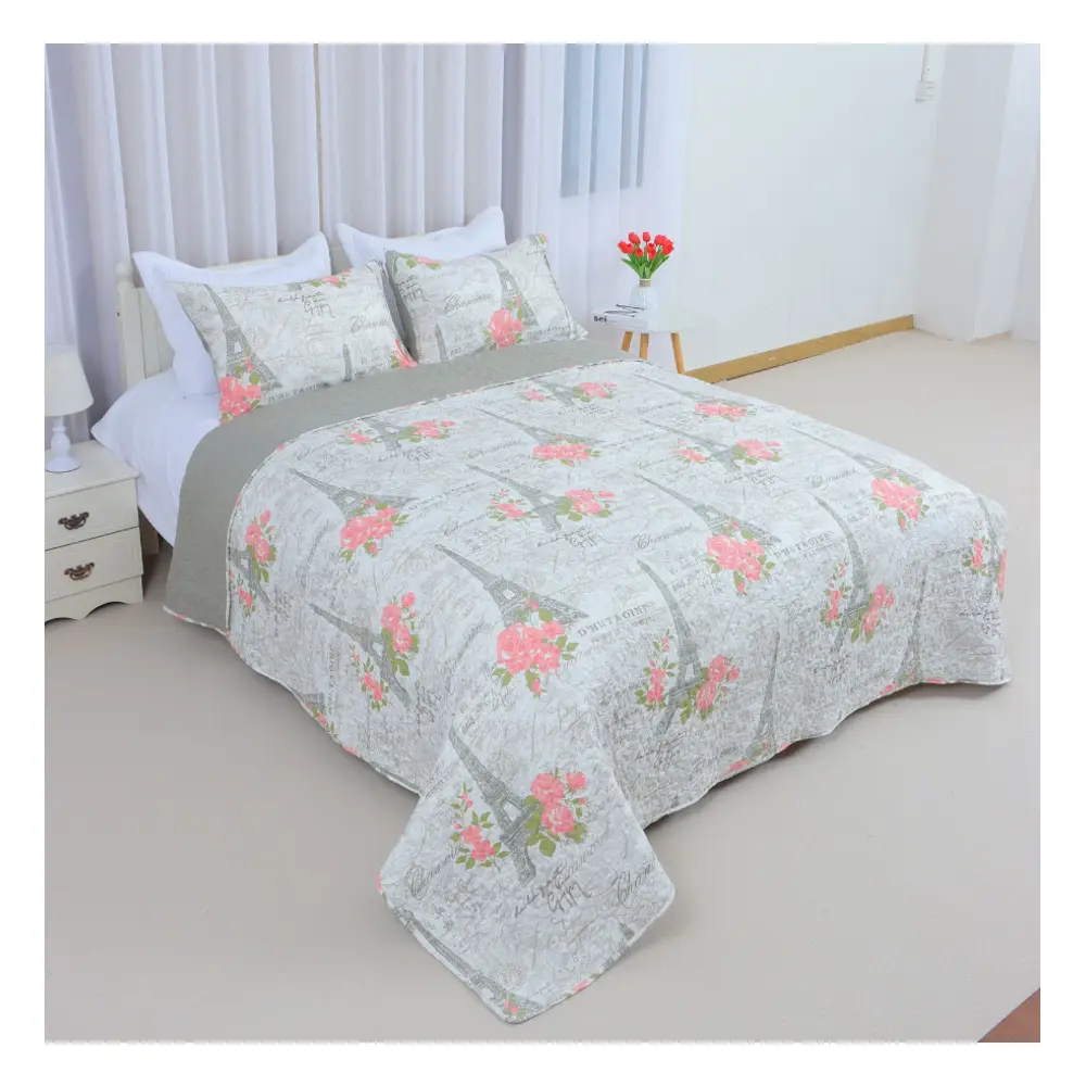 Paris Floral Bedspread 90 x 90 in, Vintage Eiffel Tower Printed Polyester Coverlet, Lightweight Decorative Bed Cover