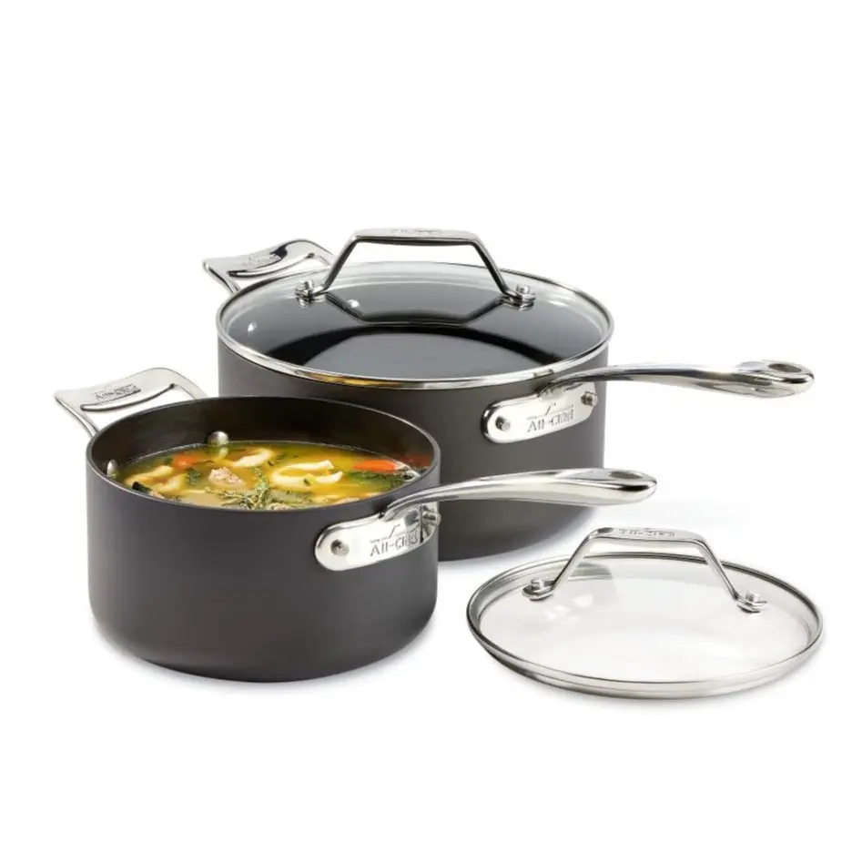 All-Clad Essentials Hard Anodized Nonstick 4-Piece Sauce Pan Set - 2.5QT, 4QT, Aluminium Core, Steel Handles, Glass Lids, Oven & Broiler Safe up to 500F, Black Cookware