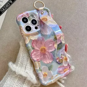 [LX]Y2K Dopamine Blue Light Retro Mobile Phone Case - New High-End Oil Painting Flower Wristband Lazy Holder Wave Edge Anti-Fall For Apple IPhone 16/16Pro/16plus/16promax/15/15pro/15plus/15promax/14/14pro/14plus/14promax/13/13pro/1