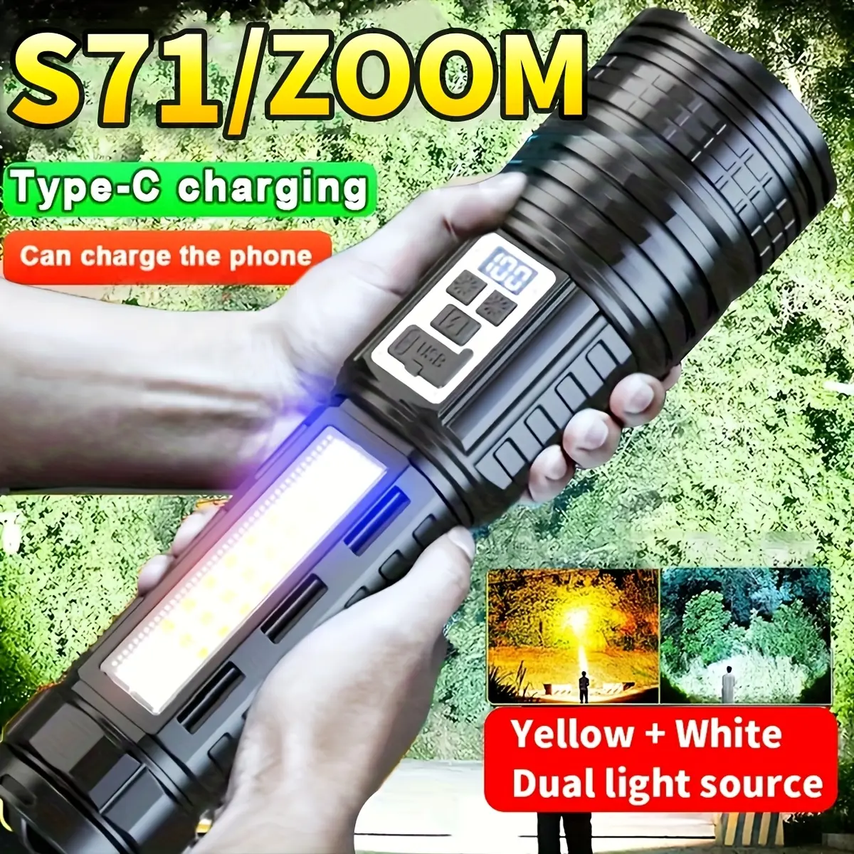 Large LED Flashlight with Carrying Strap, P70X Yellow-White Beads, Secondary (Rechargeable) High-Capacity Battery, Side Light, 14 Modes, Smart Power Display, Type-C Charging, Phone Charge, DC Power Supply, ABS-Alloy Build for Home, Camping Use