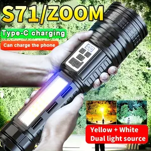 A Large Flashlight, with a Strap for Easy Carrying, P70X Yellow And White Bead, Built-In Large  Battery for Ultra-Long Runtime, with Side Light, 14 Lighting Modes, Smart Power Display, Type-C Charging, Can Charge Your Phone,  home camping emergency
