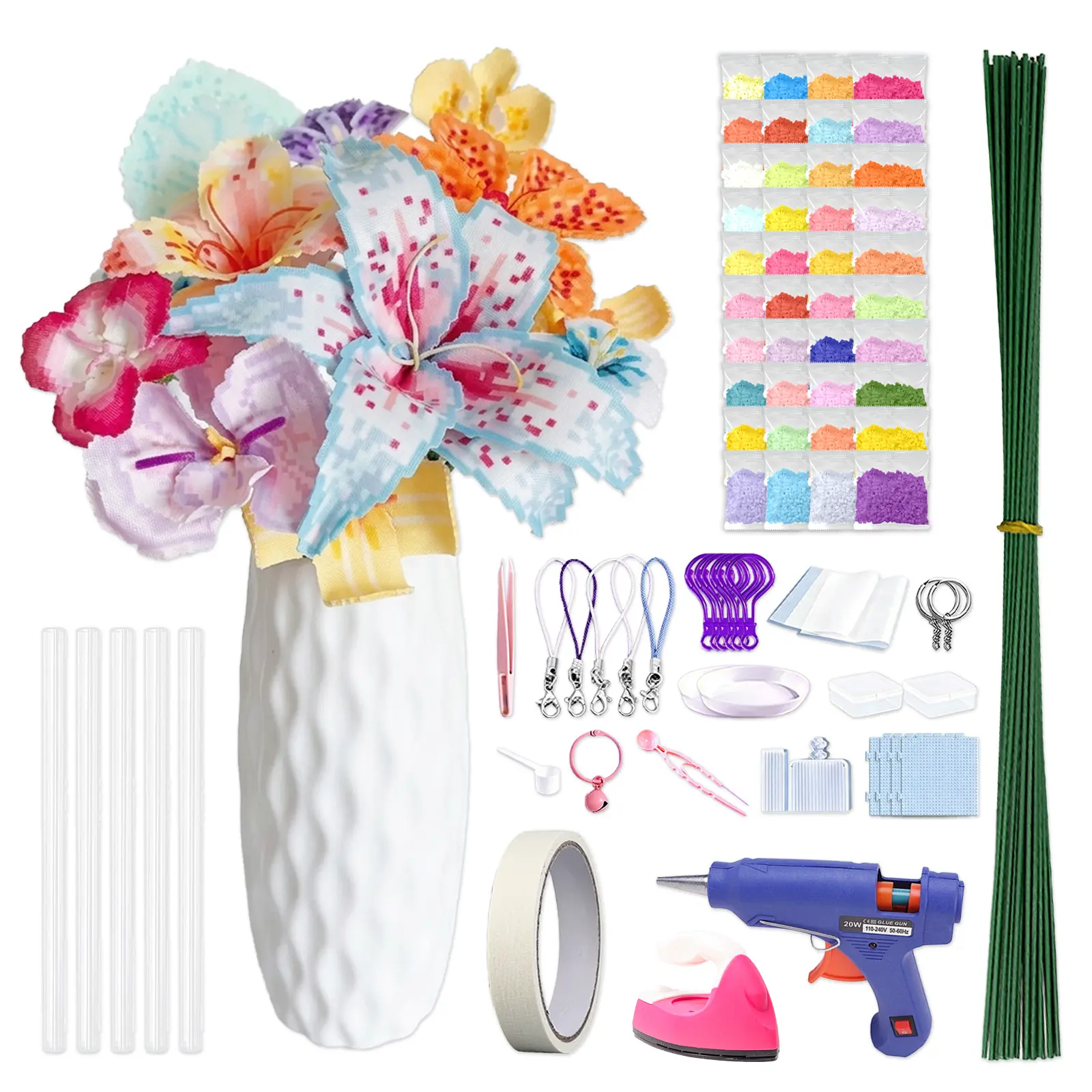DIY Fuse Bead Flower Bouquet Making Kit with Vase, Perler Beads Set with Mini Iron Hot Glue Gun Pegboard Tweezers, Parent-Child Educational Art Toy, Handmade Forever Flower Gift for Mother's Day Birthday Valentine Kids Teen DIY Craft Project