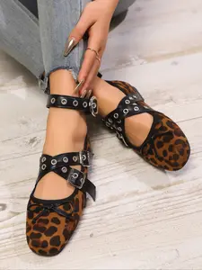 New Leopard Print Mary Jane Flats for Women, Fashion Cross Strap Ballet Shoes, Comfortable Spring/autumn Casual All-Day Wear