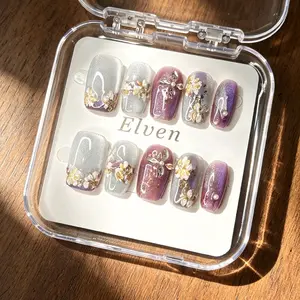 Lavender French Tip With Flowers Short Square Press On Nails in Silver Cat Eye